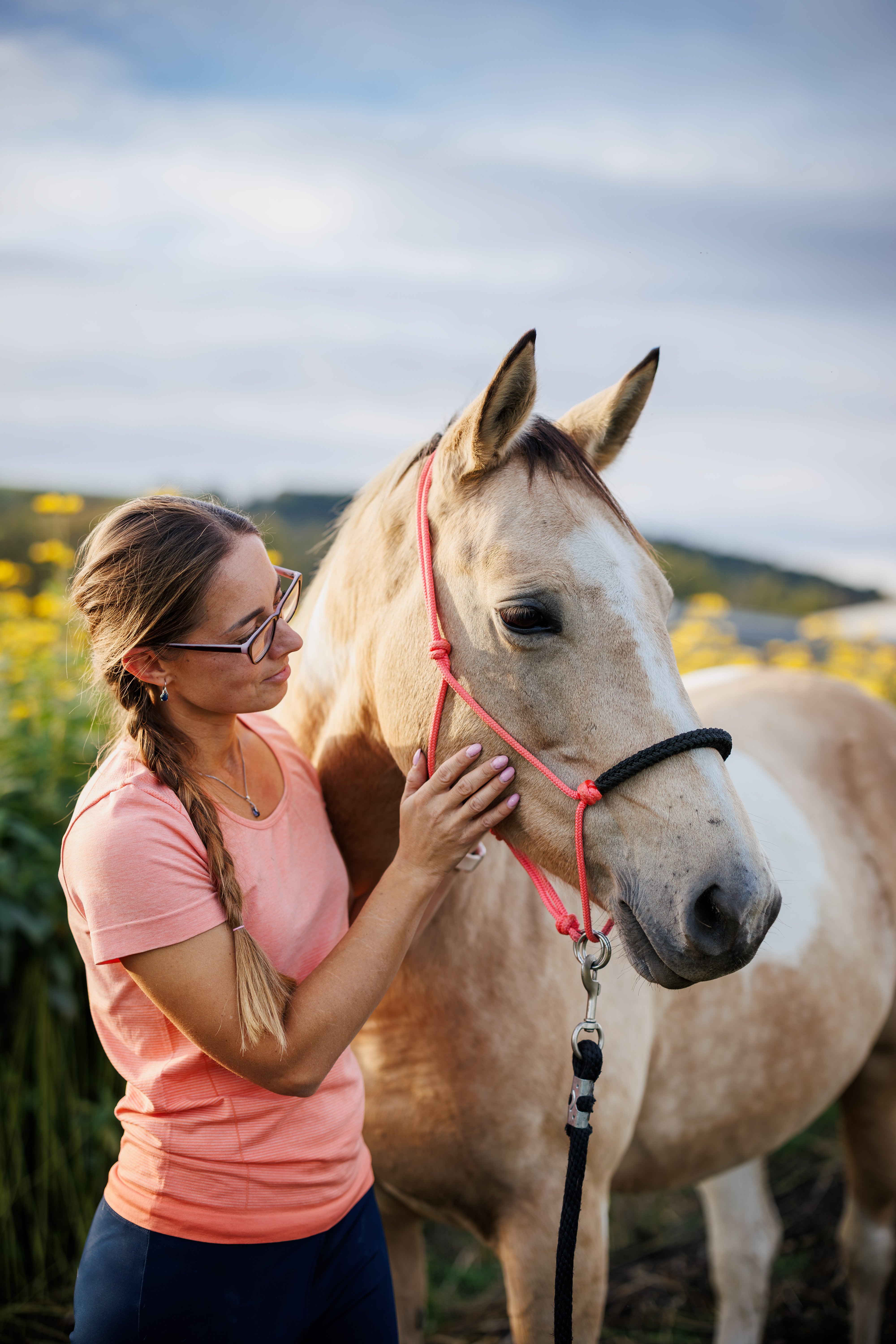 Woman stroking therapy horse. Friendship between people and animals. Equine assisted therapy on animal farm